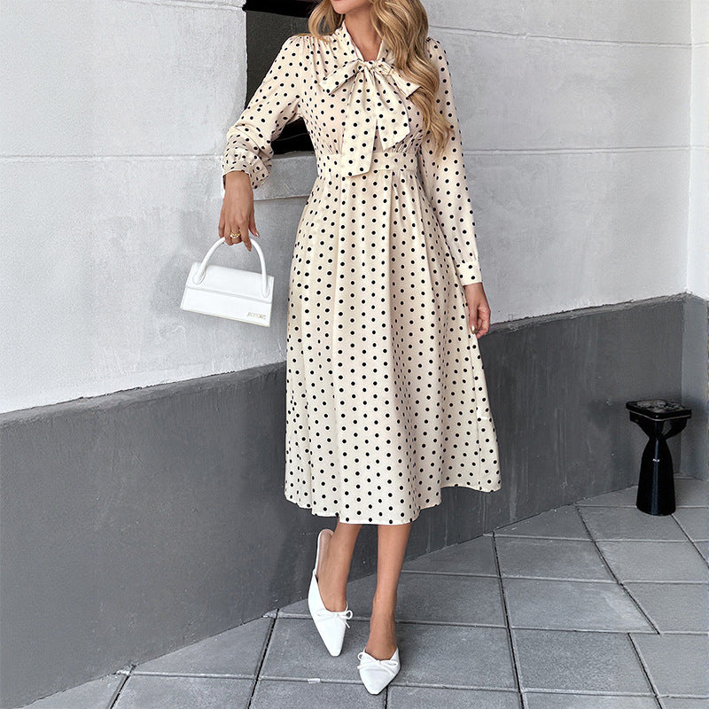 Polka Dot Bow Tie Neck Dress Long Sleeve Vintage Midi