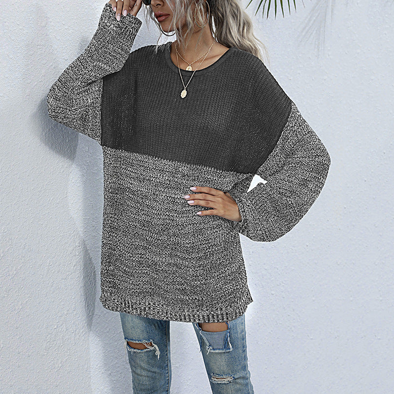 Color Block Round Neck Long Sleeve Knit Sweater Top