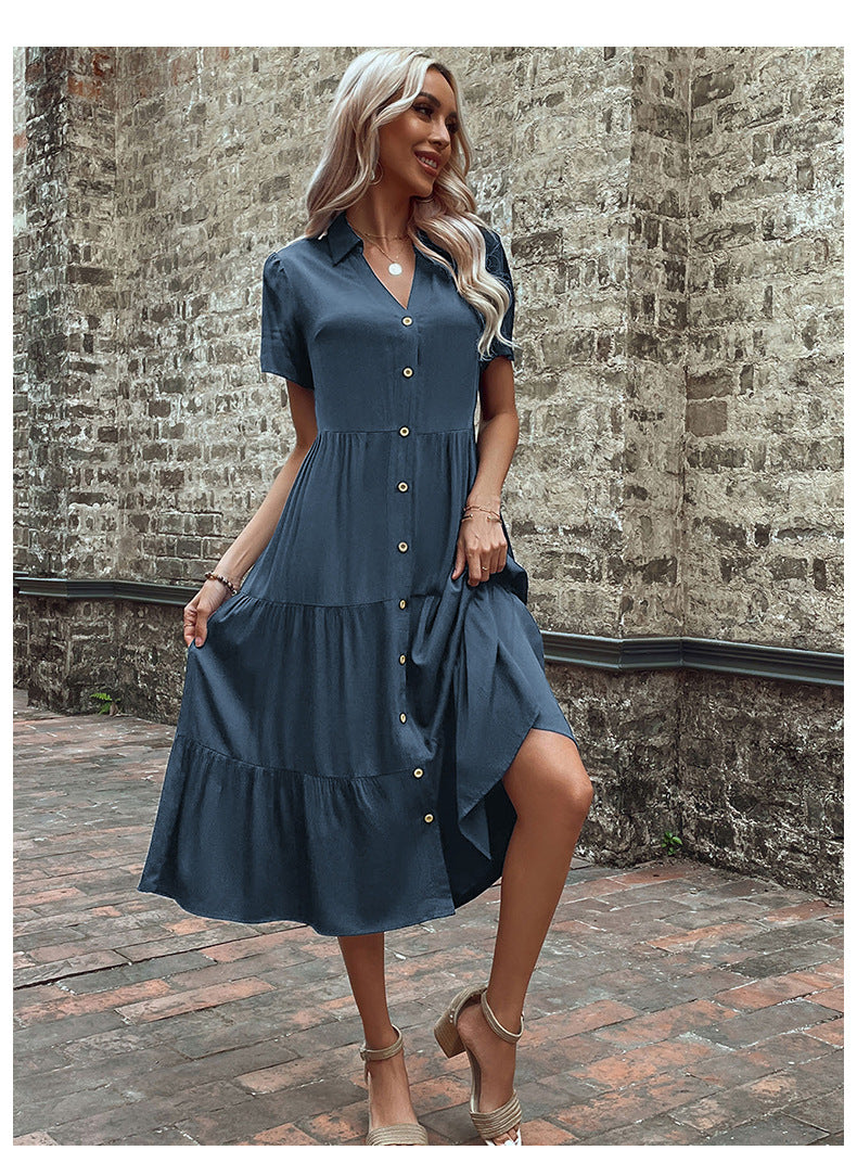 Women's  Button Front Tiered Midi Shirt Dress Casual Summer Dress