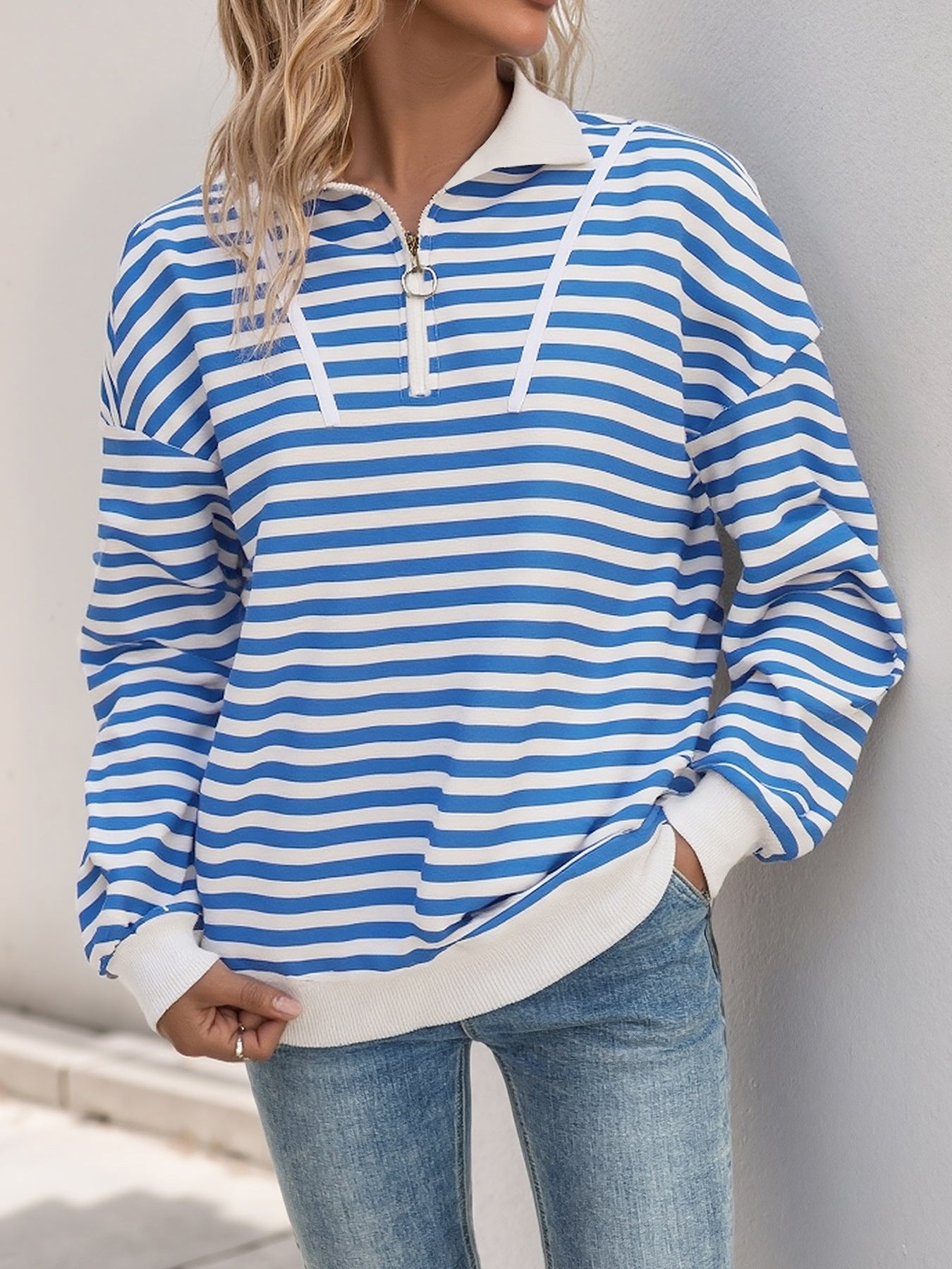 Striped Polyester Sweatshirt Casual Quarter Zip Oversized