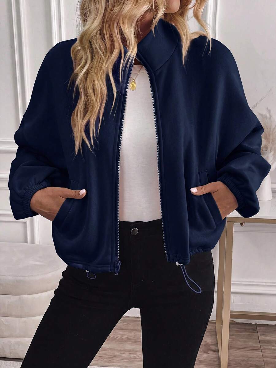 Fleece Zip Up Jacket Drawstring Casual Cropped Outerwear