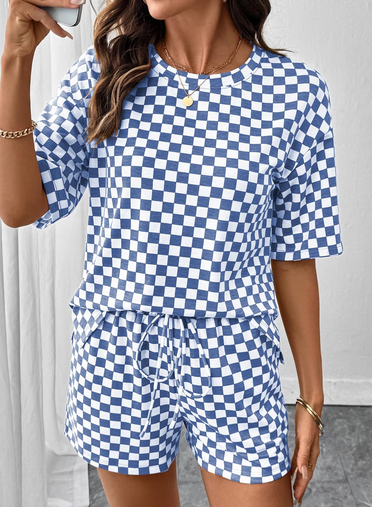 Women's Checkerboard Lounge Set Drawstring Shorts Casual