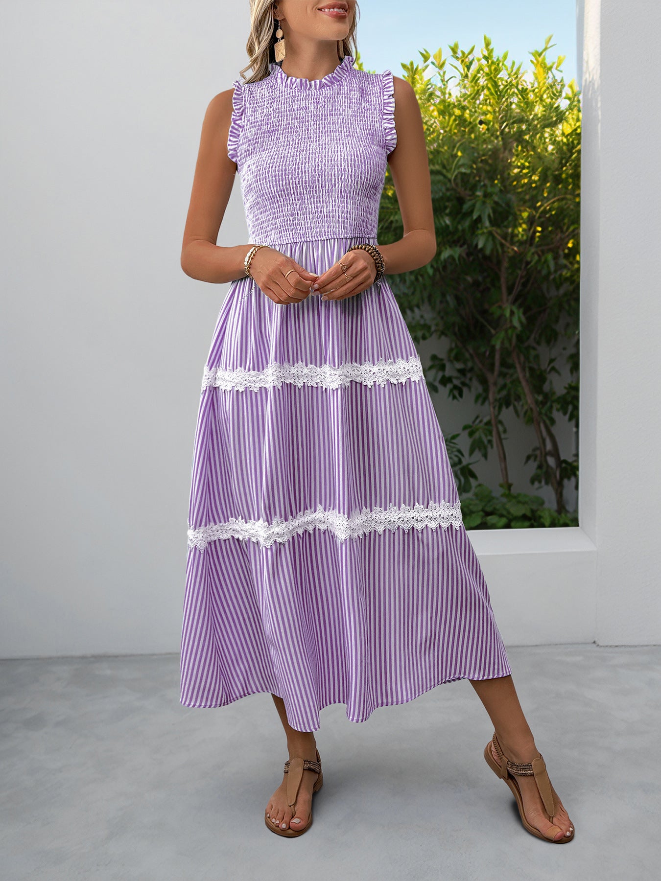 Striped Lace Trim Sleeveless Midi Dress for Summer