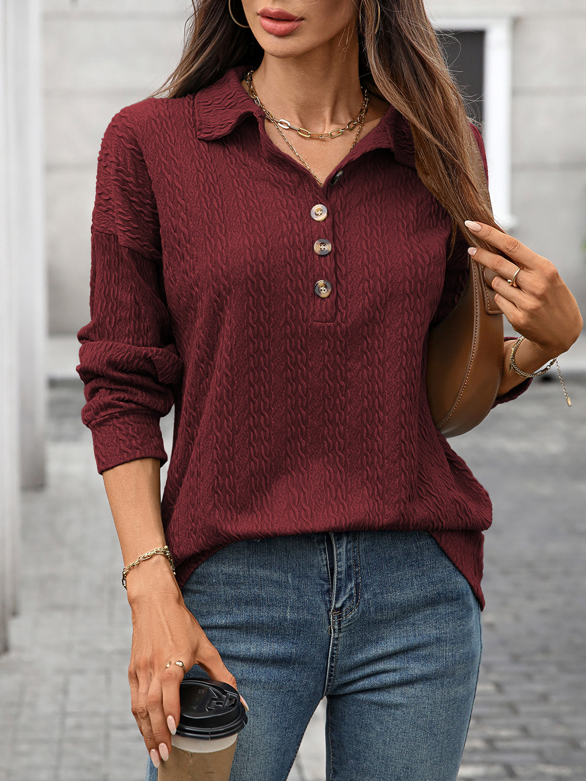 Women's Collared Button Long Sleeve Oversized Sweatshirt