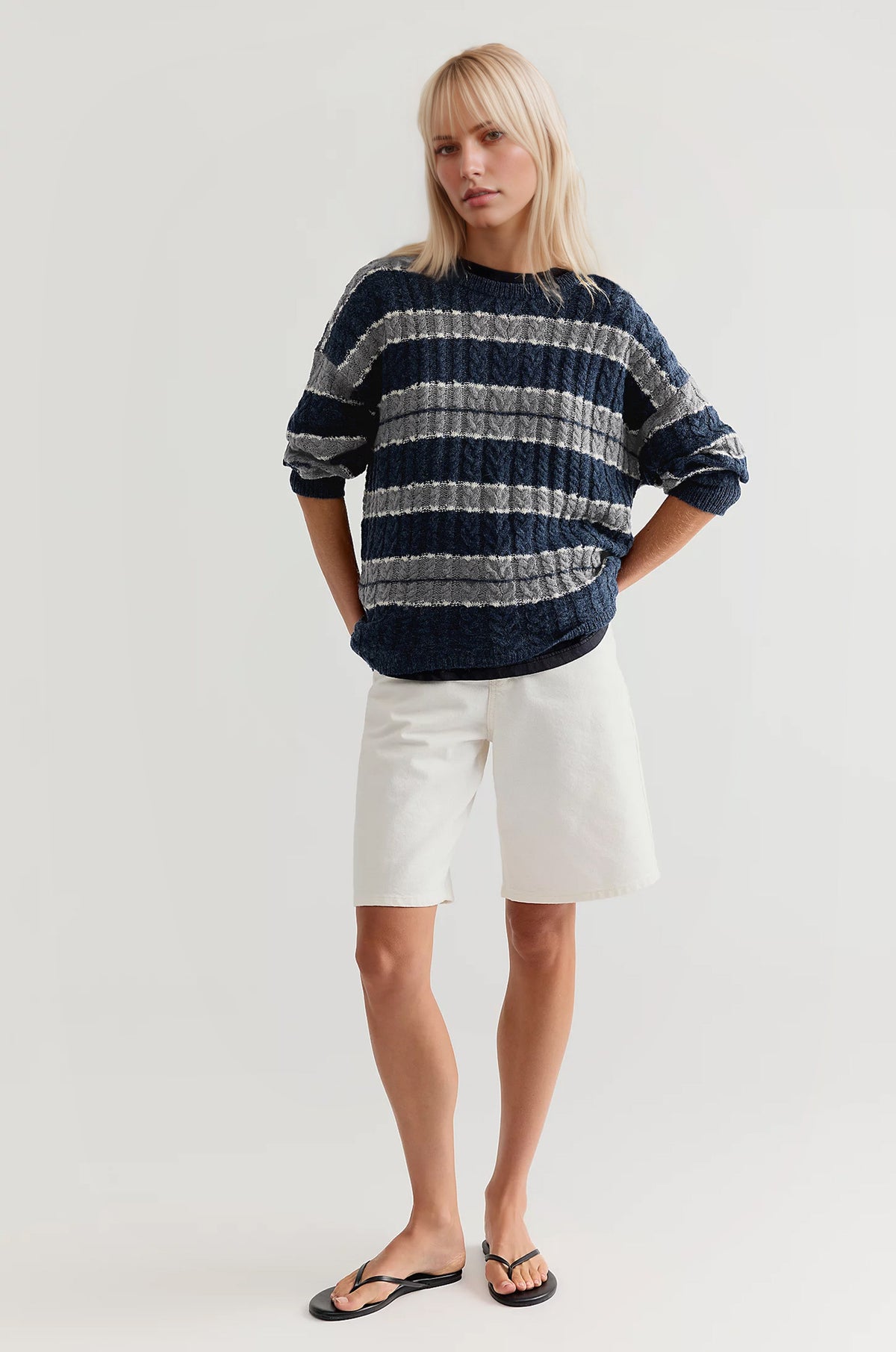 Women's Oversized Striped Cable Knit Pullover Sweater