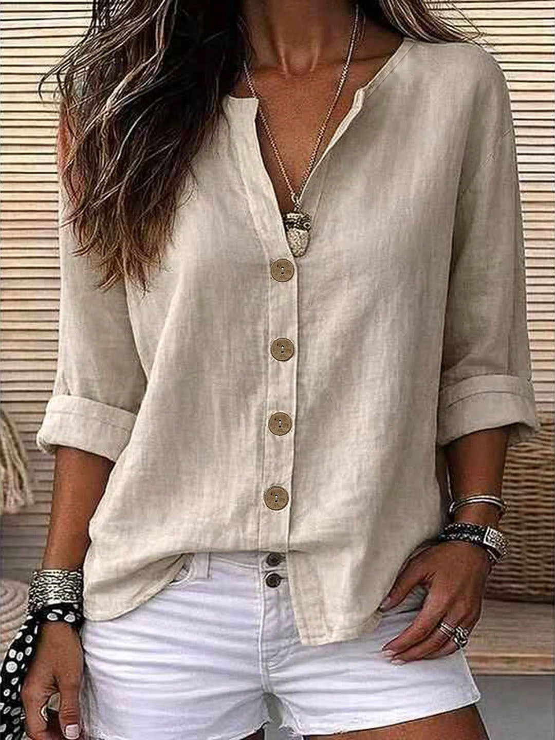 Women's Relaxed V-Neck Button Up Roll Sleeve Blouse