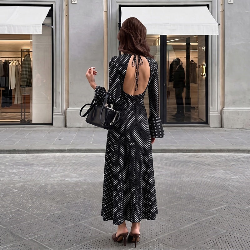 Polka Dot A Line Maxi Dress Bell Sleeve Long Sleeve