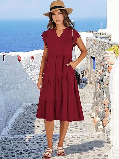 V Neck Flutter Sleeve Tiered Midi Dress with Pockets
