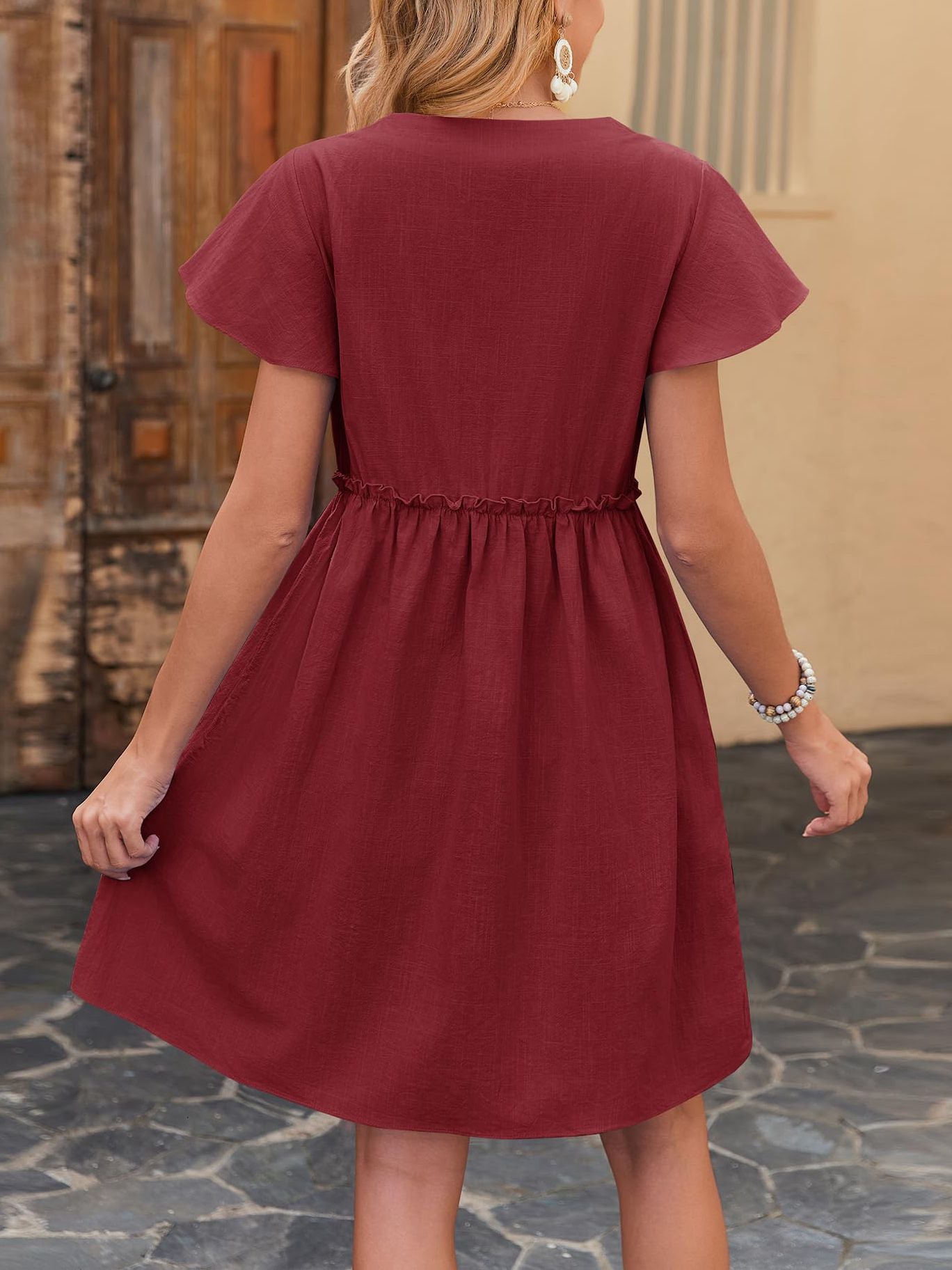 2025 Summer V-Neck Short Sleeve Ruffle Dresses for Women