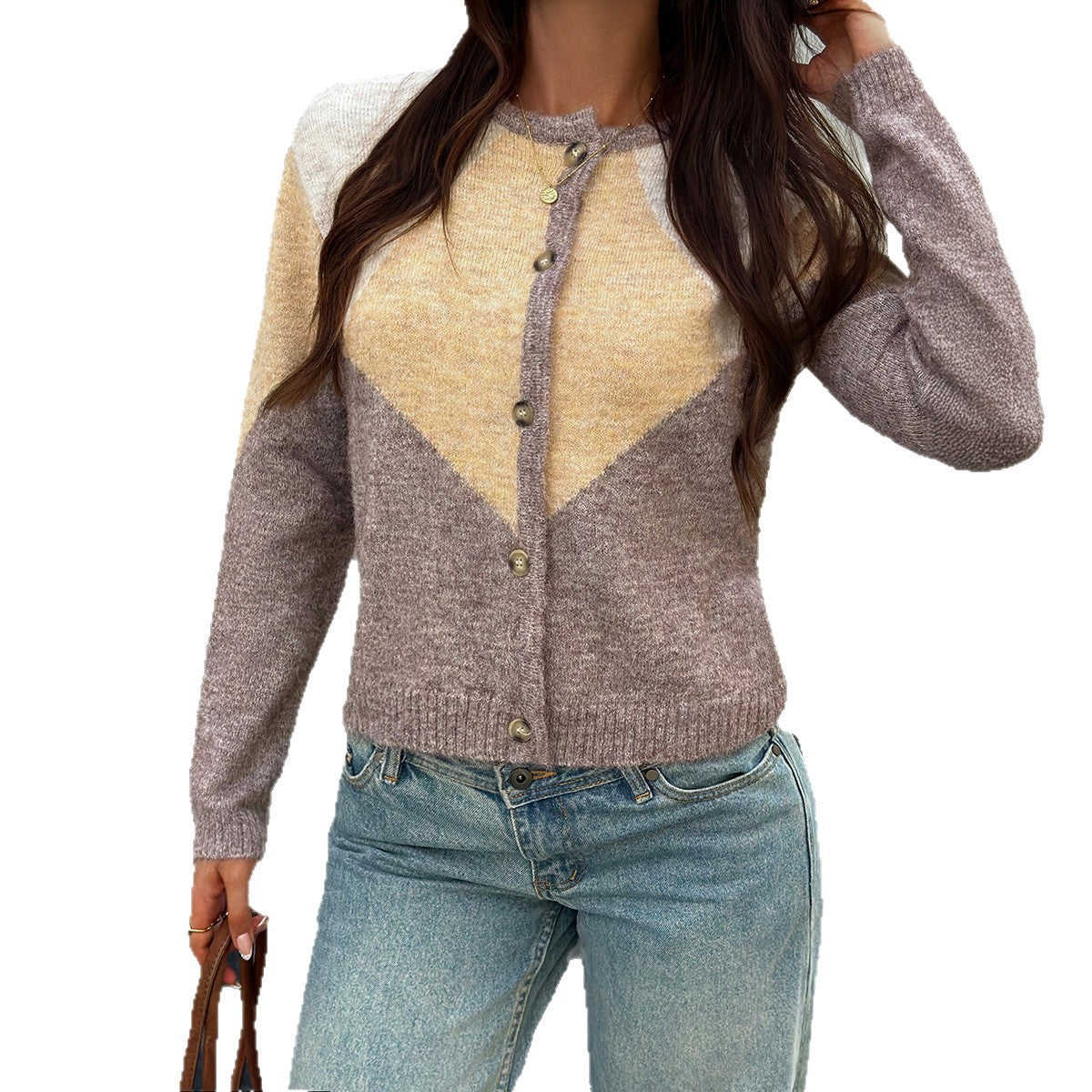 Colorblock Cropped Cardigan Button Front Knit Sweater