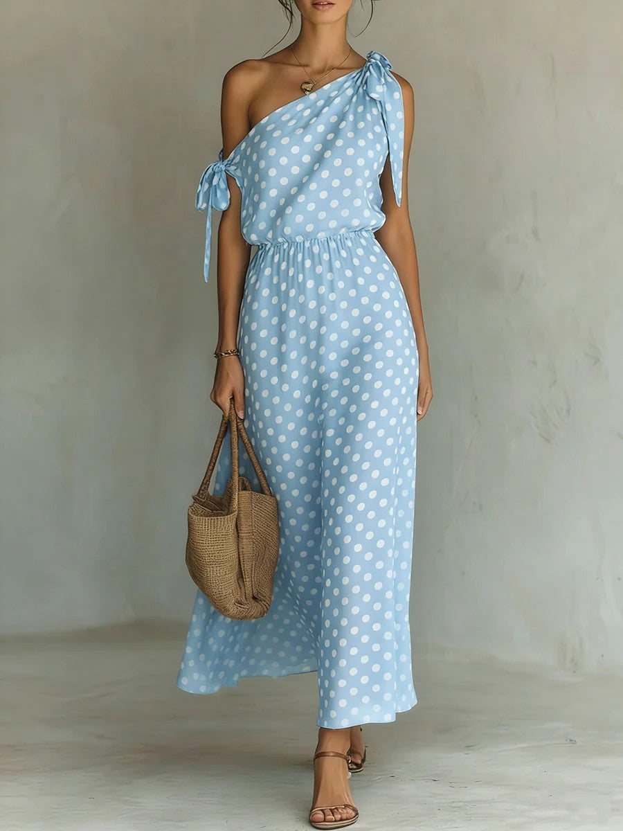 Polka Dot One-Shoulder Maxi Dress with Tie Straps