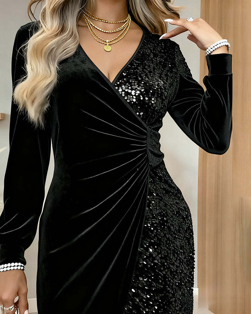 Sequin Velvet Wrap Mini Dress Ruched V Neck