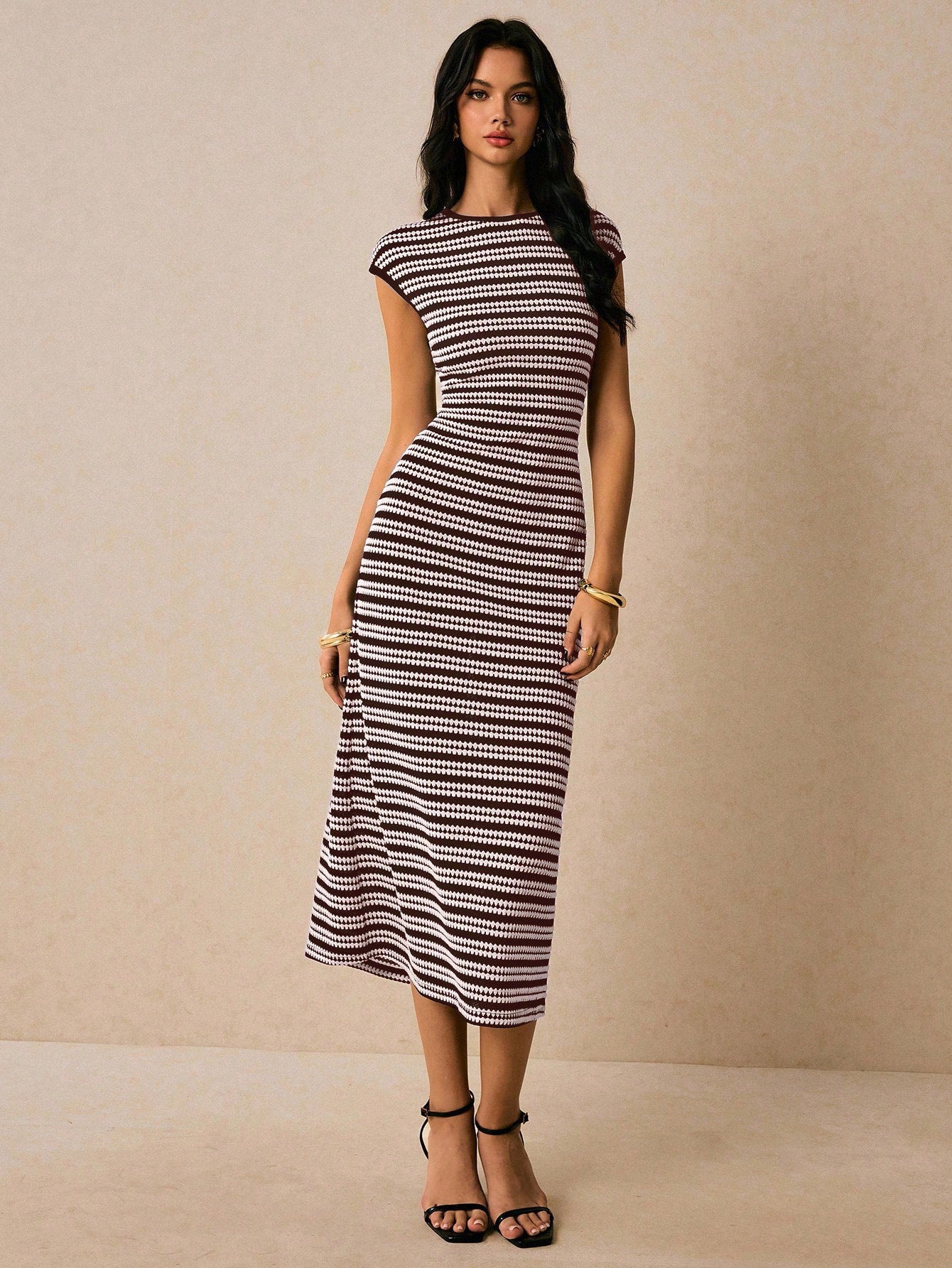 Colorblock Striped Knit Short Sleeve Bodycon Maxi Dress
