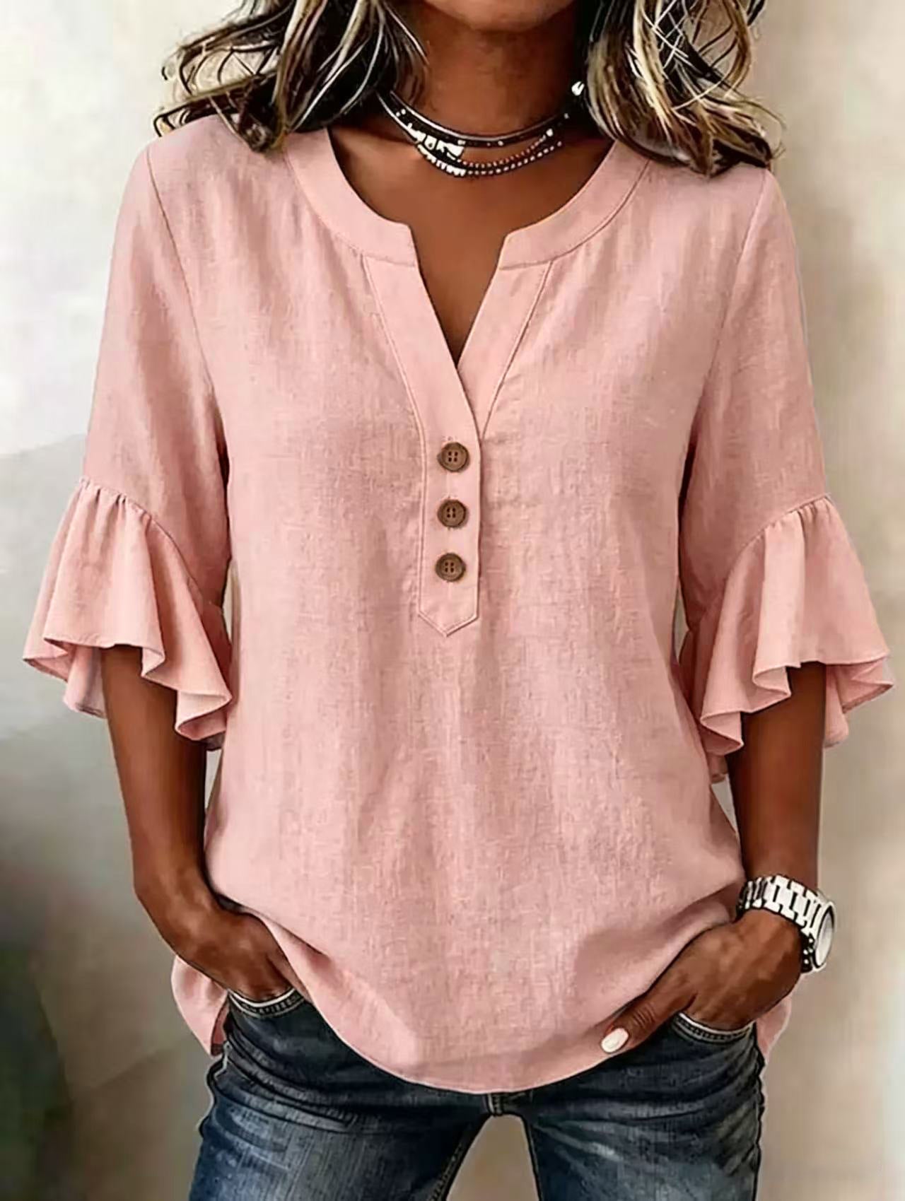 Cotton Linen Blouse Split Neck Three Quarter Bell Sleeves