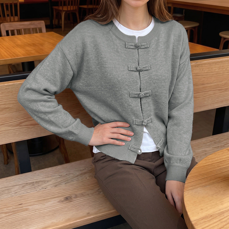 Frog Button Crew Neck Knit Cardigan Sweater