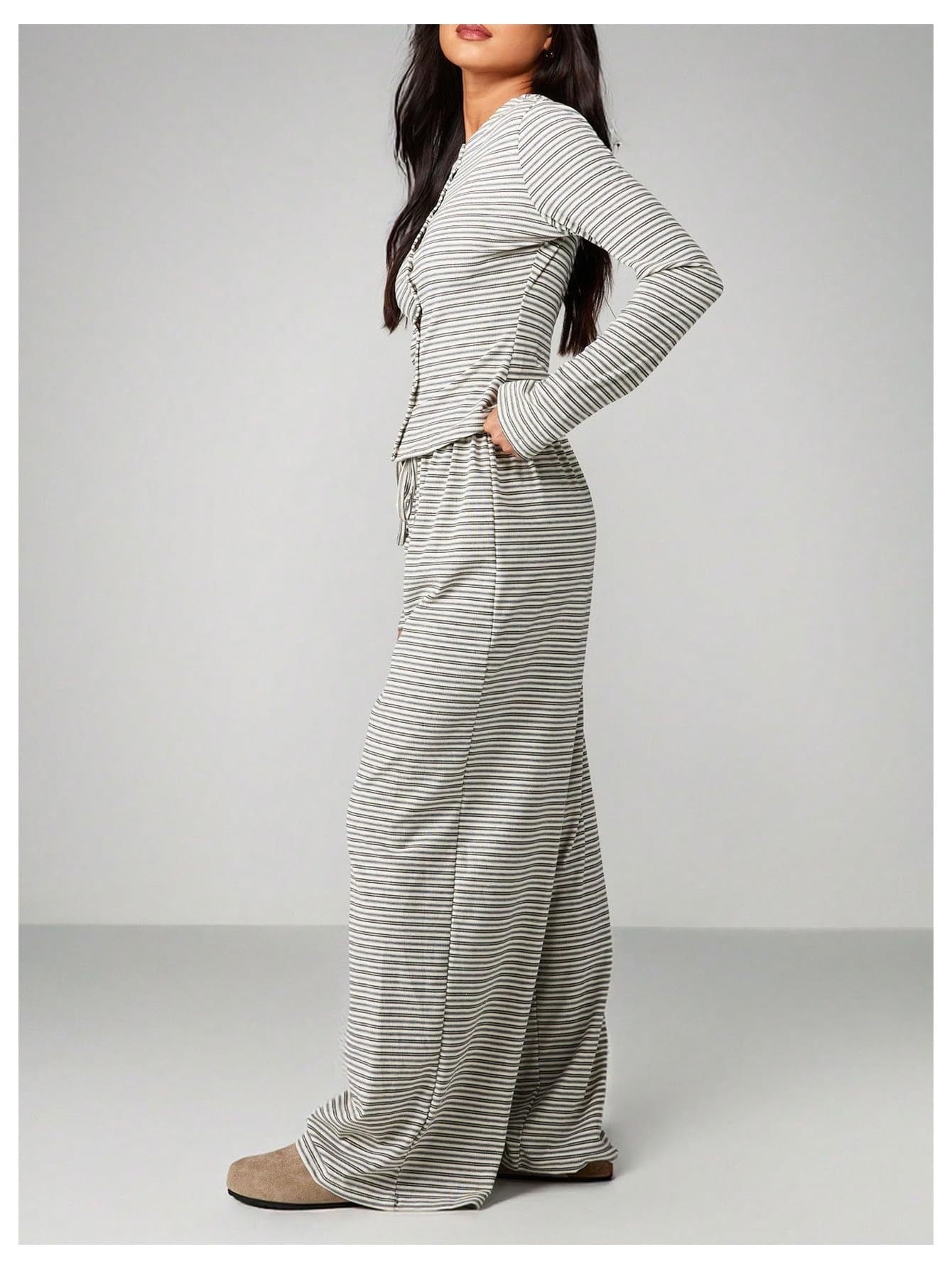 Striped Lounge Set Long Sleeve Top & Pants Soft Casual Outfit