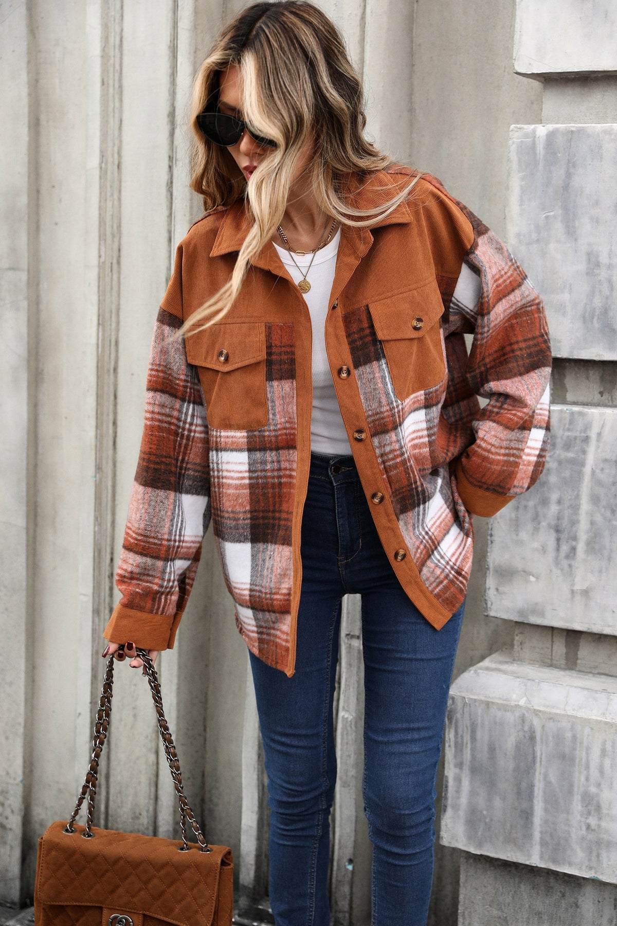 Women's Oversized Plaid Corduroy Shacket Button Down