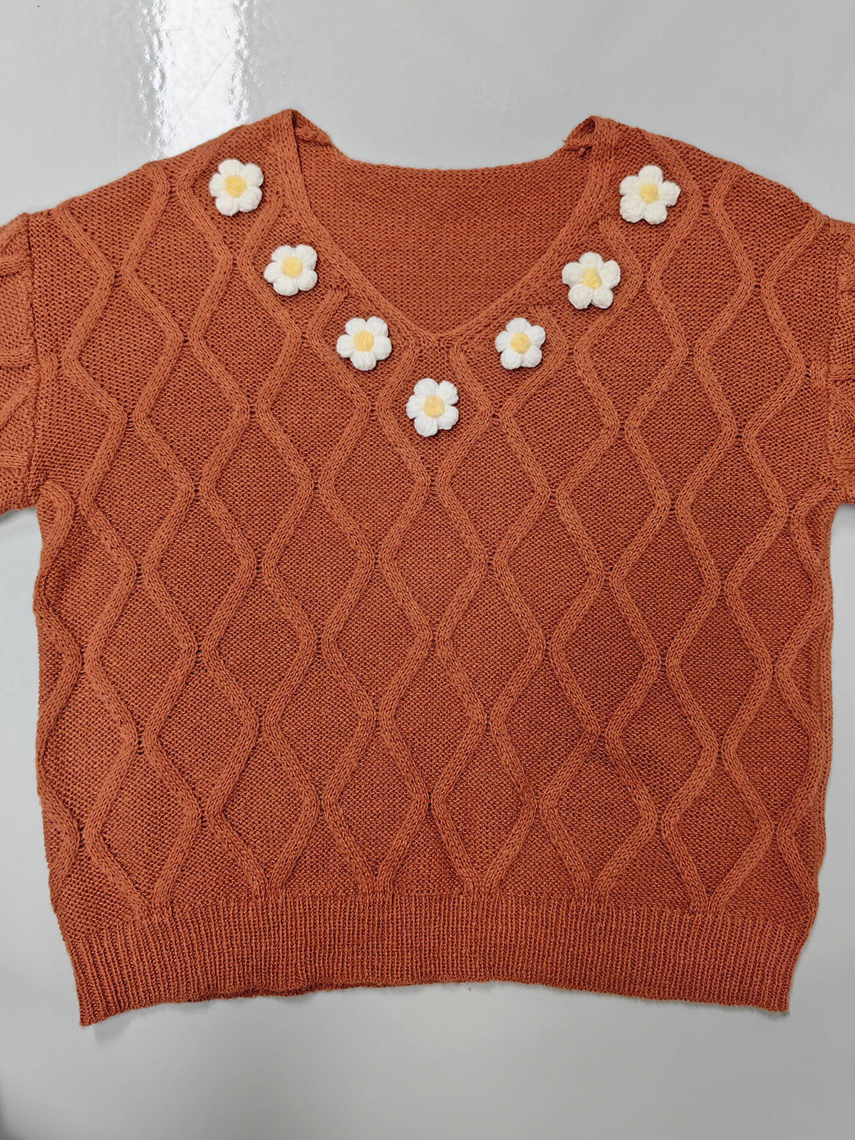 Women's Daisy V Neck Cable Knit Balloon Sleeve Sweater