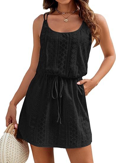 Eyelet Lace Sundress Resort Sleeveless Drawstring Waist