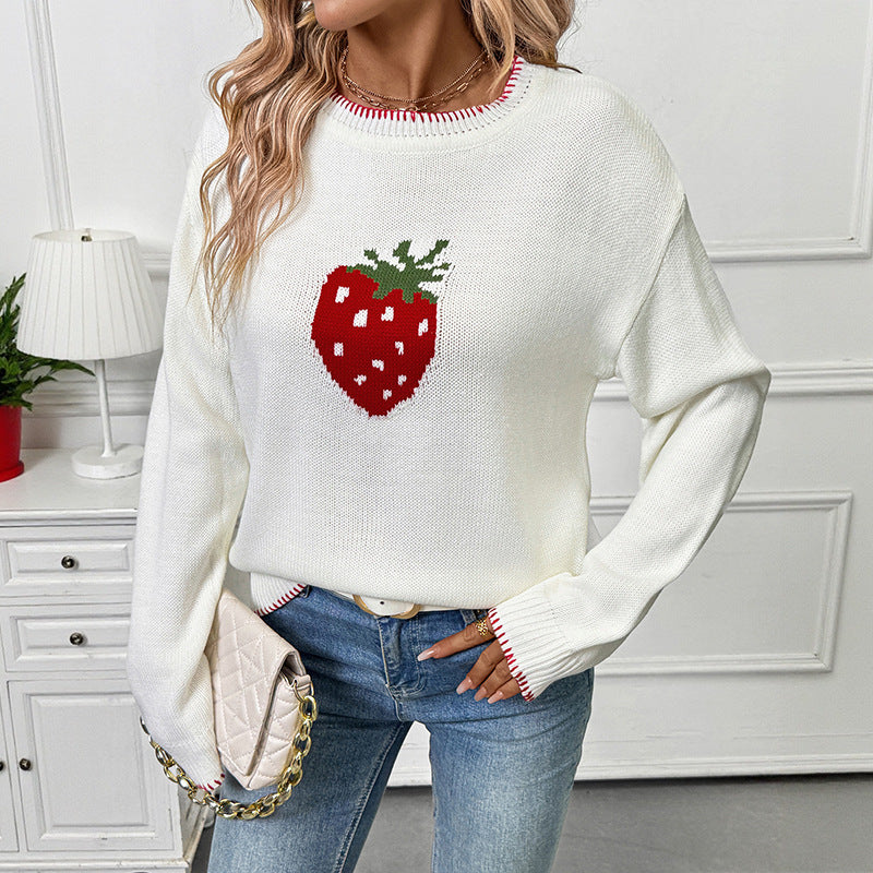 Strawberry Graphic Knit Sweater Women’s Casual Pullover