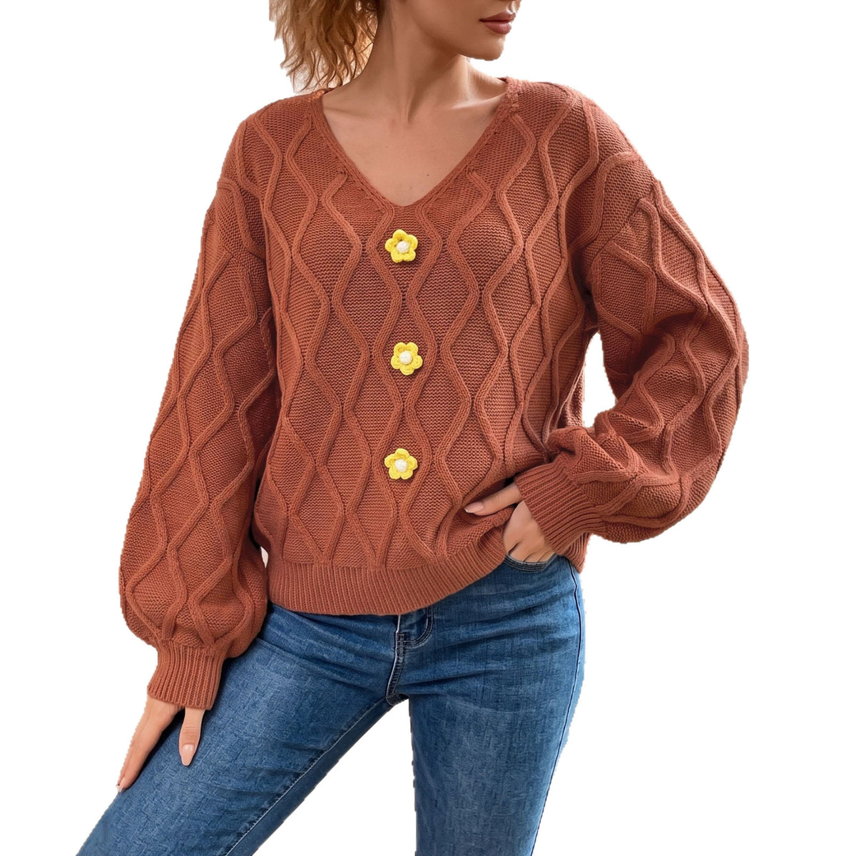 Women's V-Neck Cable Knit Sweater Floral Balloon Sleeve