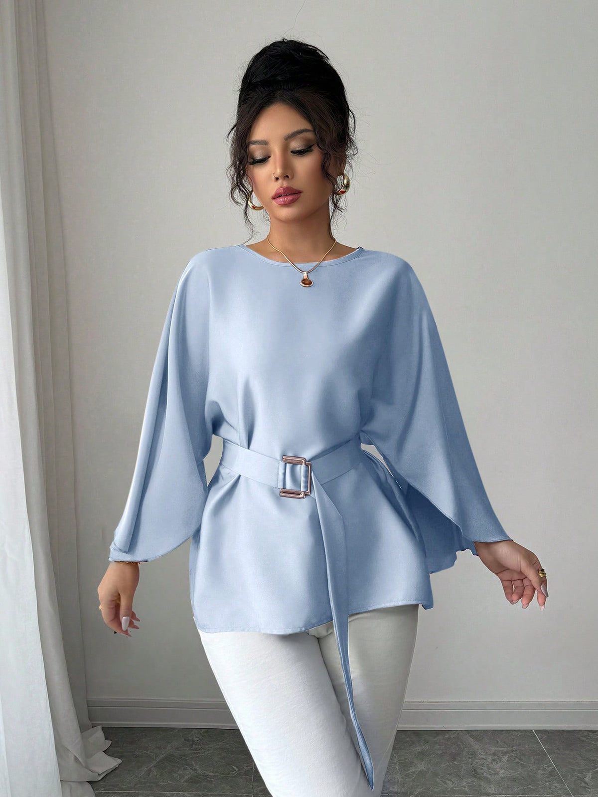 Women's French Vintage Bell Sleeve Belted Round Neck Blouse