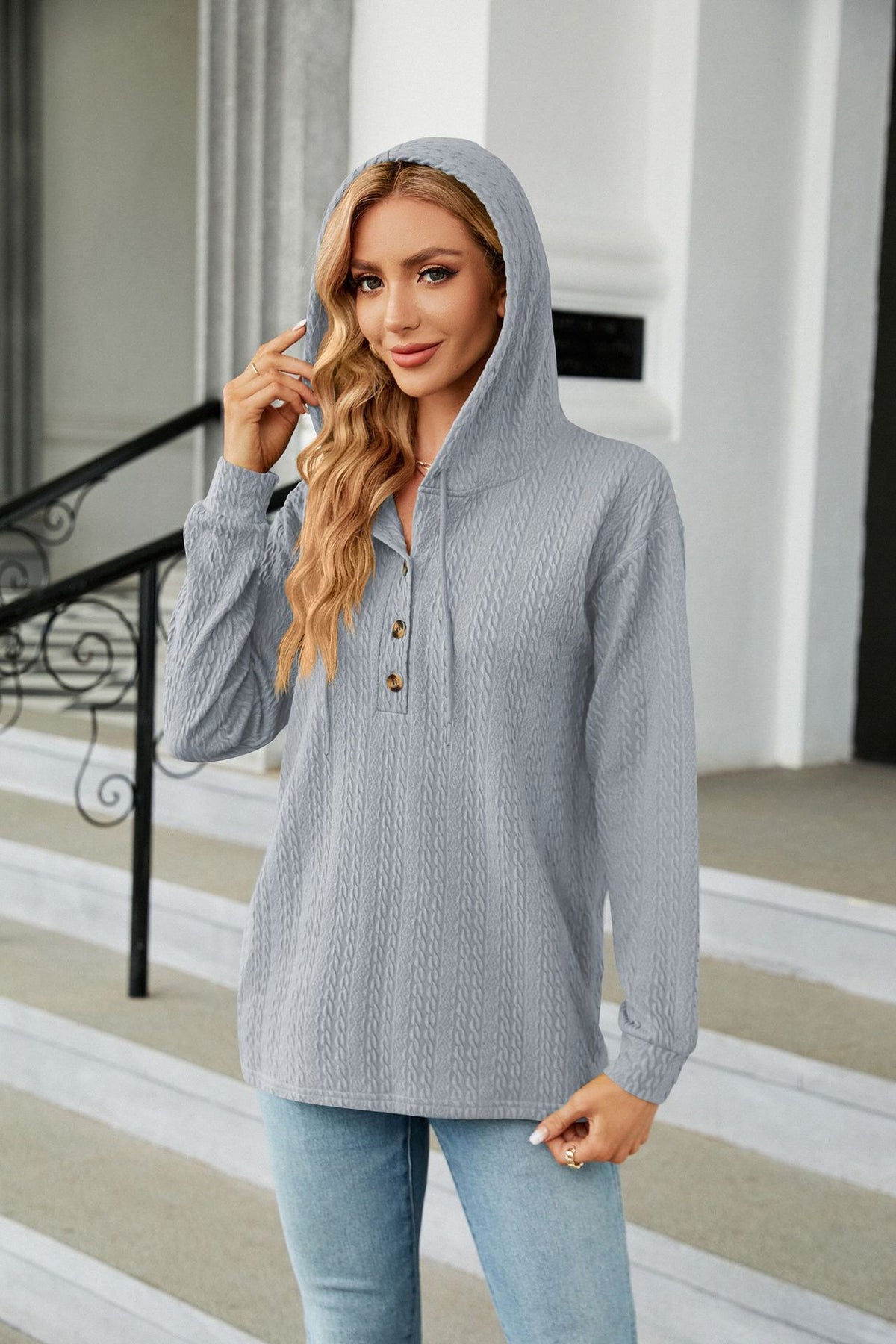 Women's Oversized Hooded Button V-Neck Long Sleeve Sweater