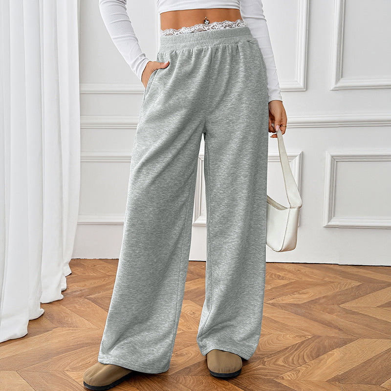 Lace Trim High Waist Casual Straight Leg Pants