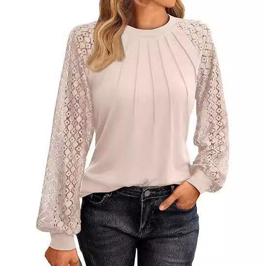 Lace Knit Blouse Casual Pleated Raglan Sleeve Top