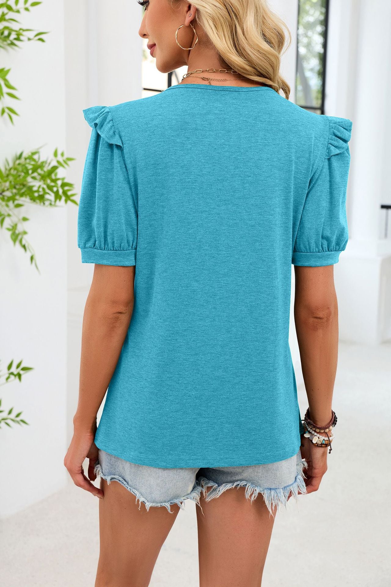 Puff Sleeve V Neck T Shirt Casual Loose Fit Top