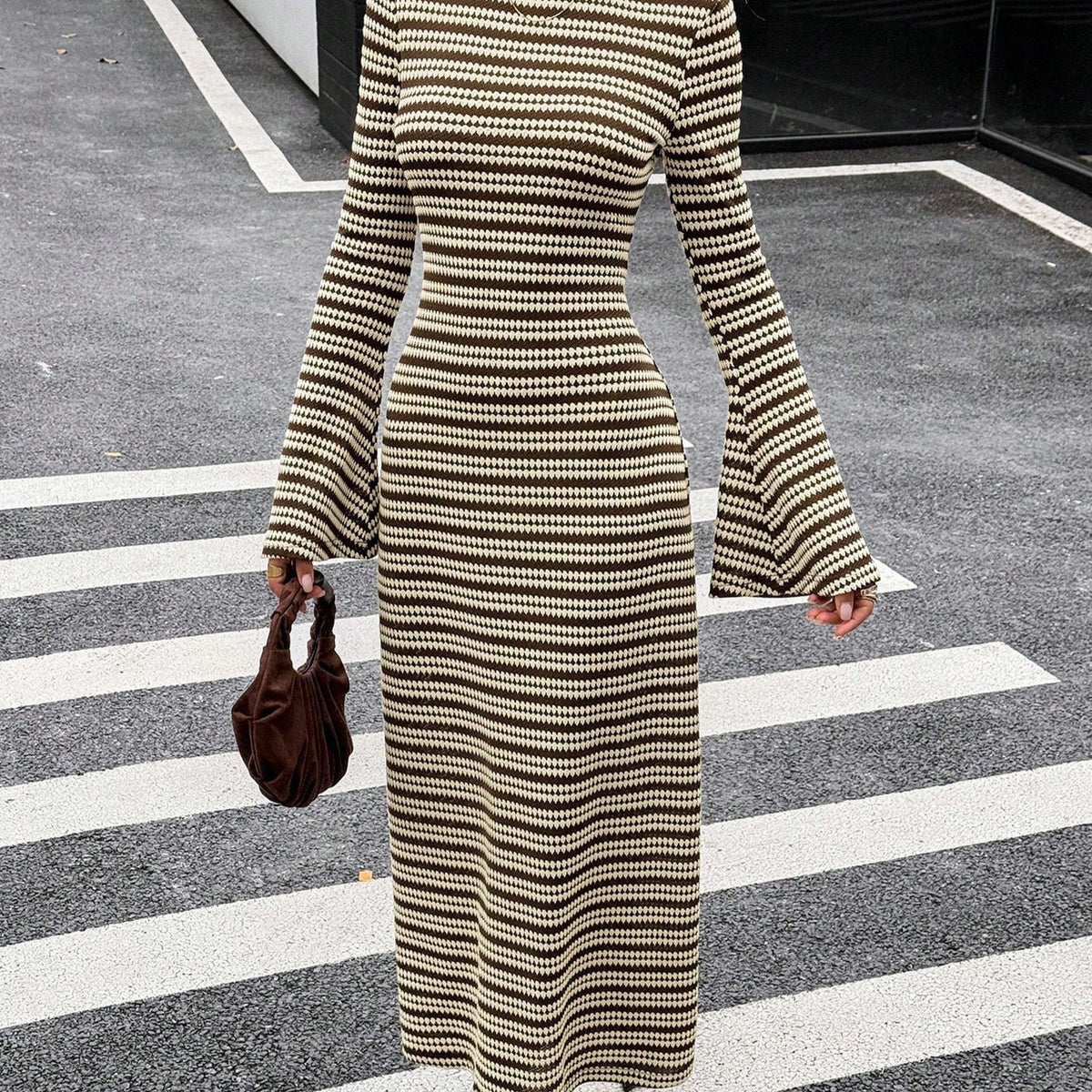 Striped Bell Sleeve Open Back Knit Maxi Dress
