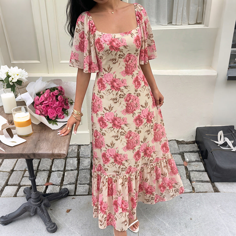 Floral Chiffon Midi Dress Romantic Flutter Sleeve