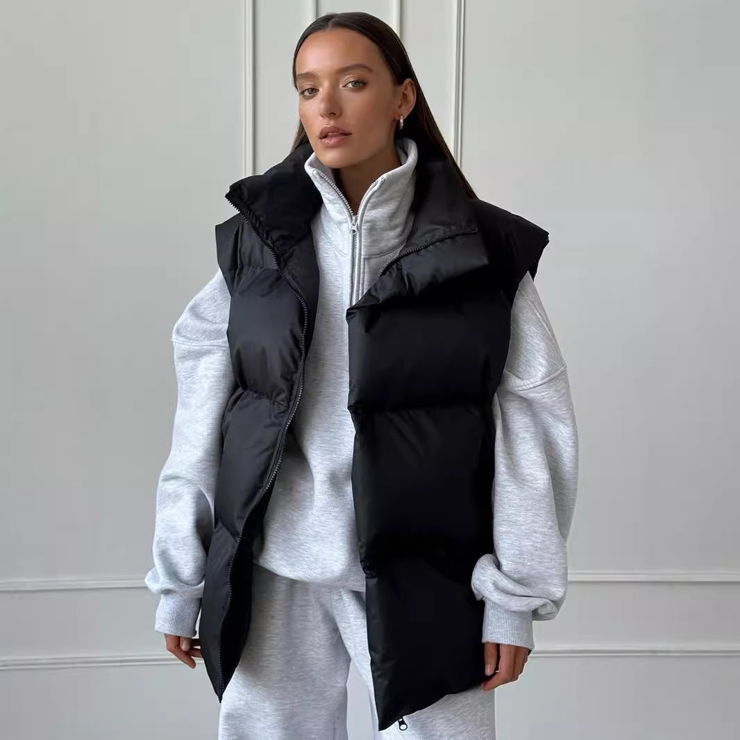 Oversized Longline Puffer Vest High Collar Zip Front