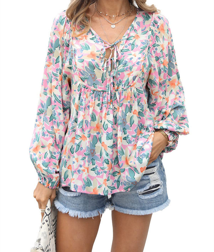 Floral Tie Neck Blouse Ruffle Long Sleeve Relaxed Fit