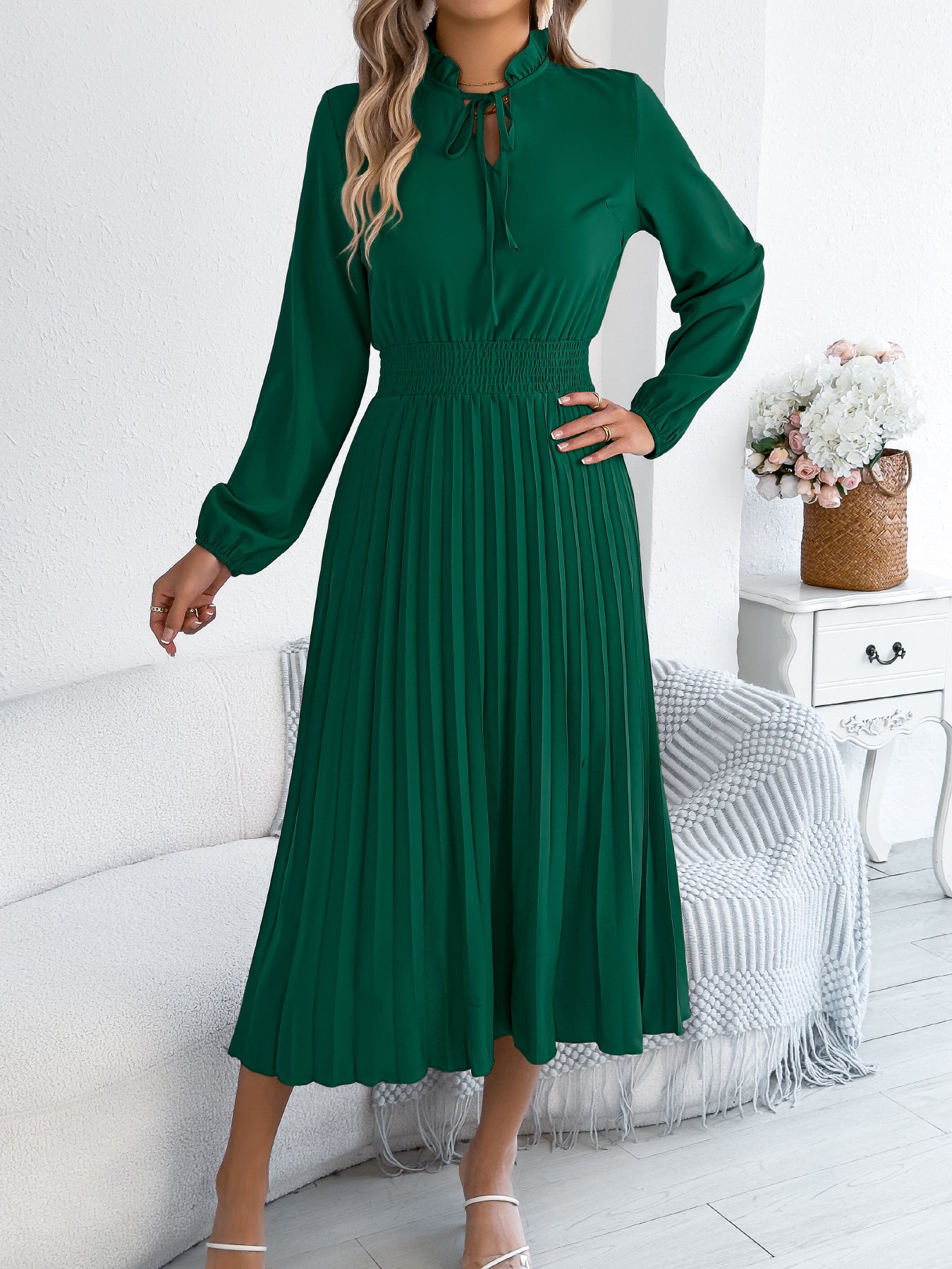 Green Tie Neck Lantern Sleeve Pleated Maxi Dress