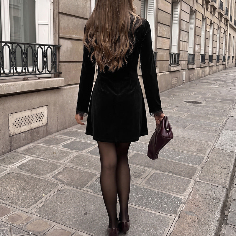 Black Velvet Lace V-Neck Mini Dress Long Sleeve Vintage