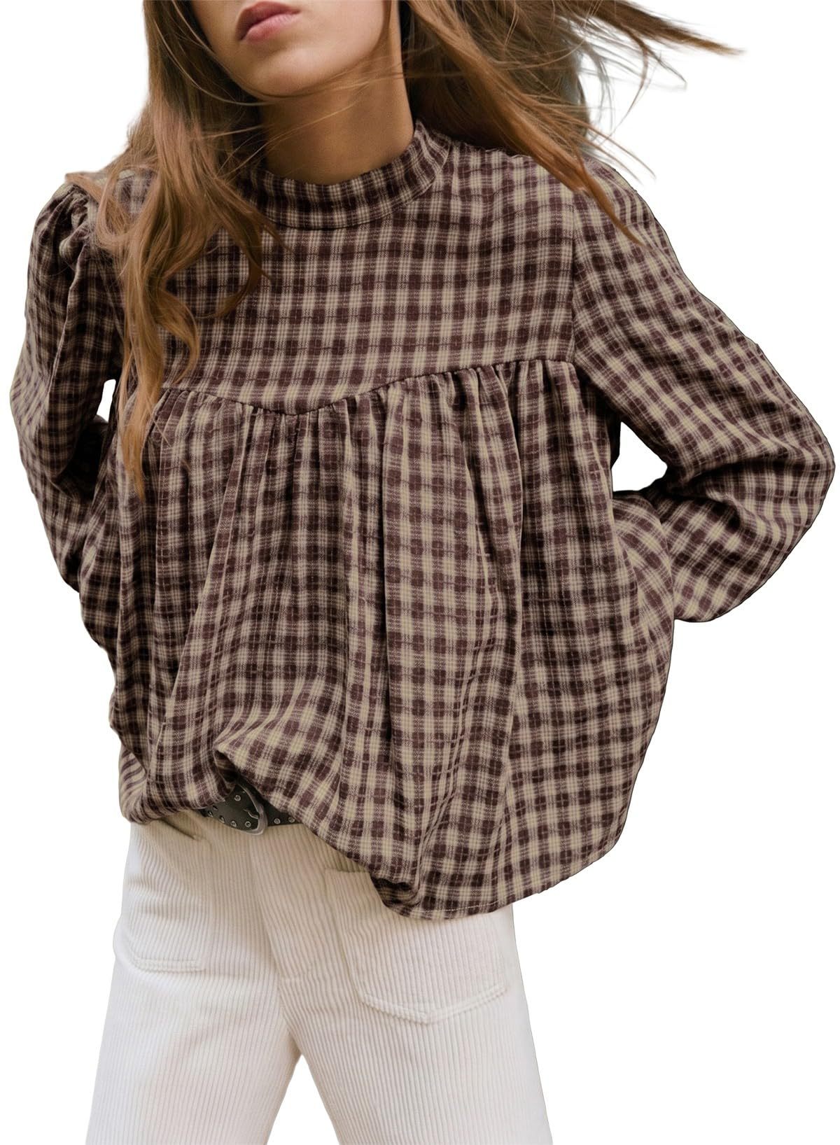 Plaid Mock Neck Babydoll Blouse Long Sleeve Top