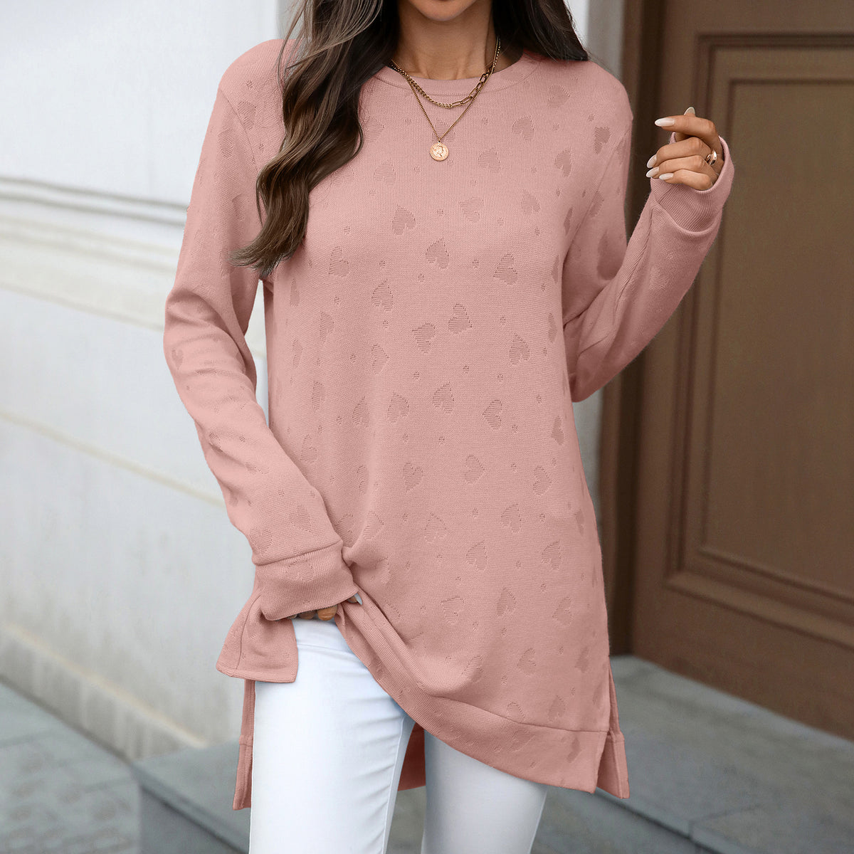 Oversized Crew Neck Long Sleeve Side Slit Knit Tunic Top