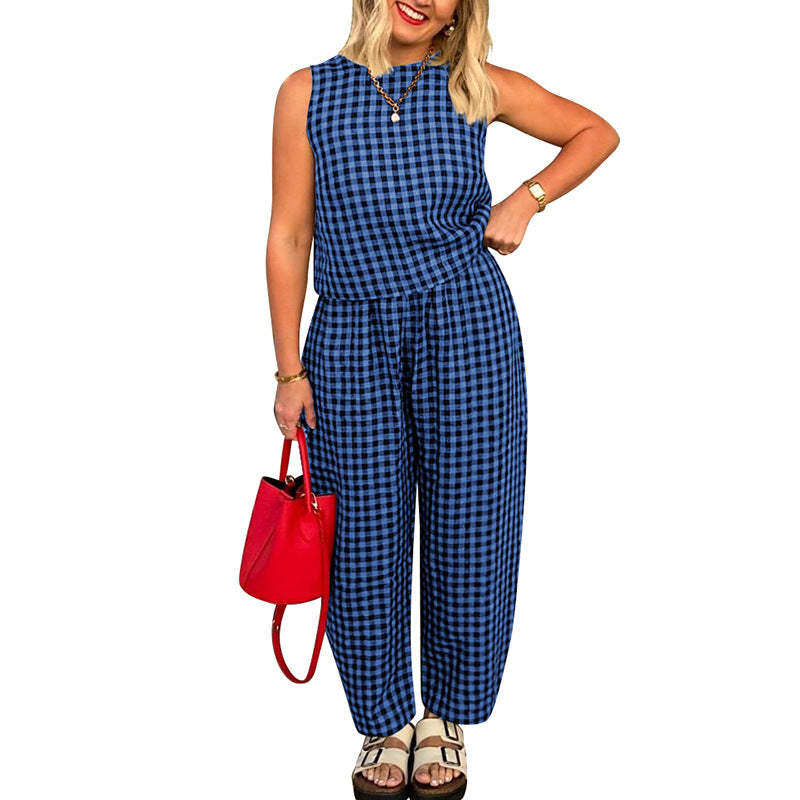 Women's Plaid Sleeveless Top & Pants Two Piece Set