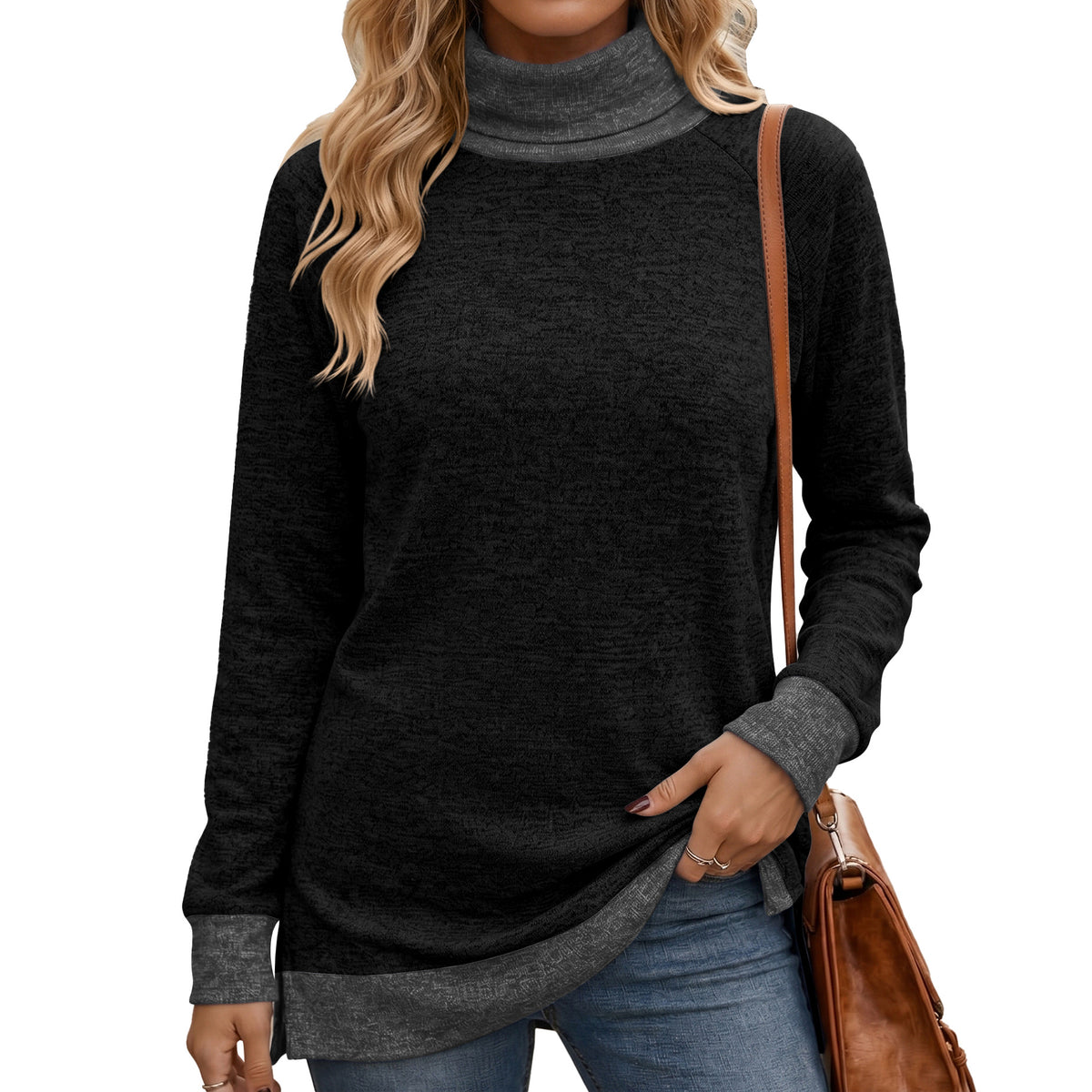 Color Block Turtleneck Long Sleeve Side Split Tunic Top