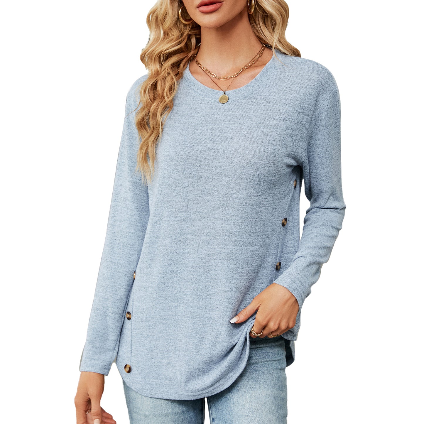 Womens Loose Crewneck Button Side Long Sleeve Tunic Tee