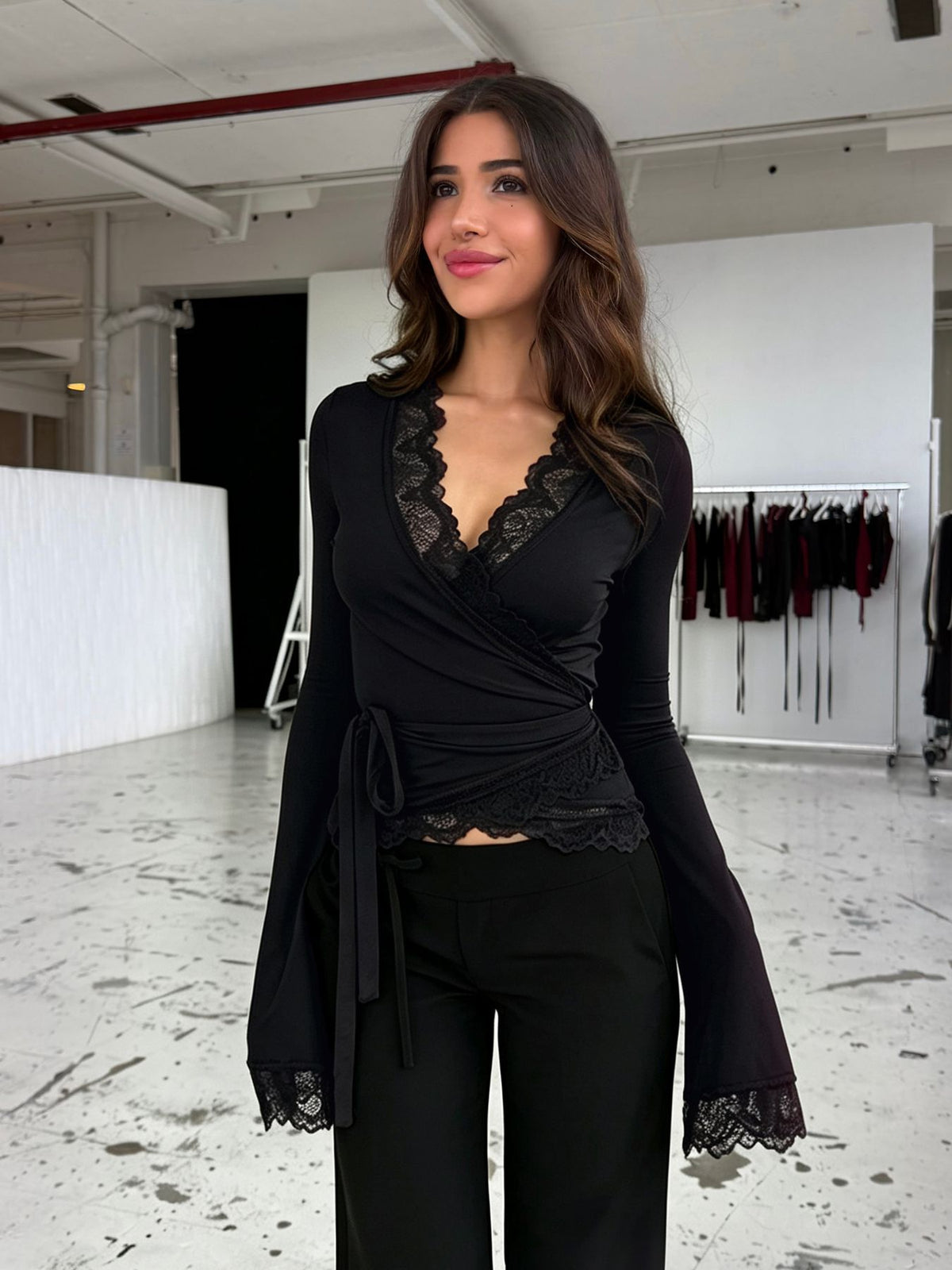 Women's Sexy Lace V Neck Wrap Top Flare Long Sleeve