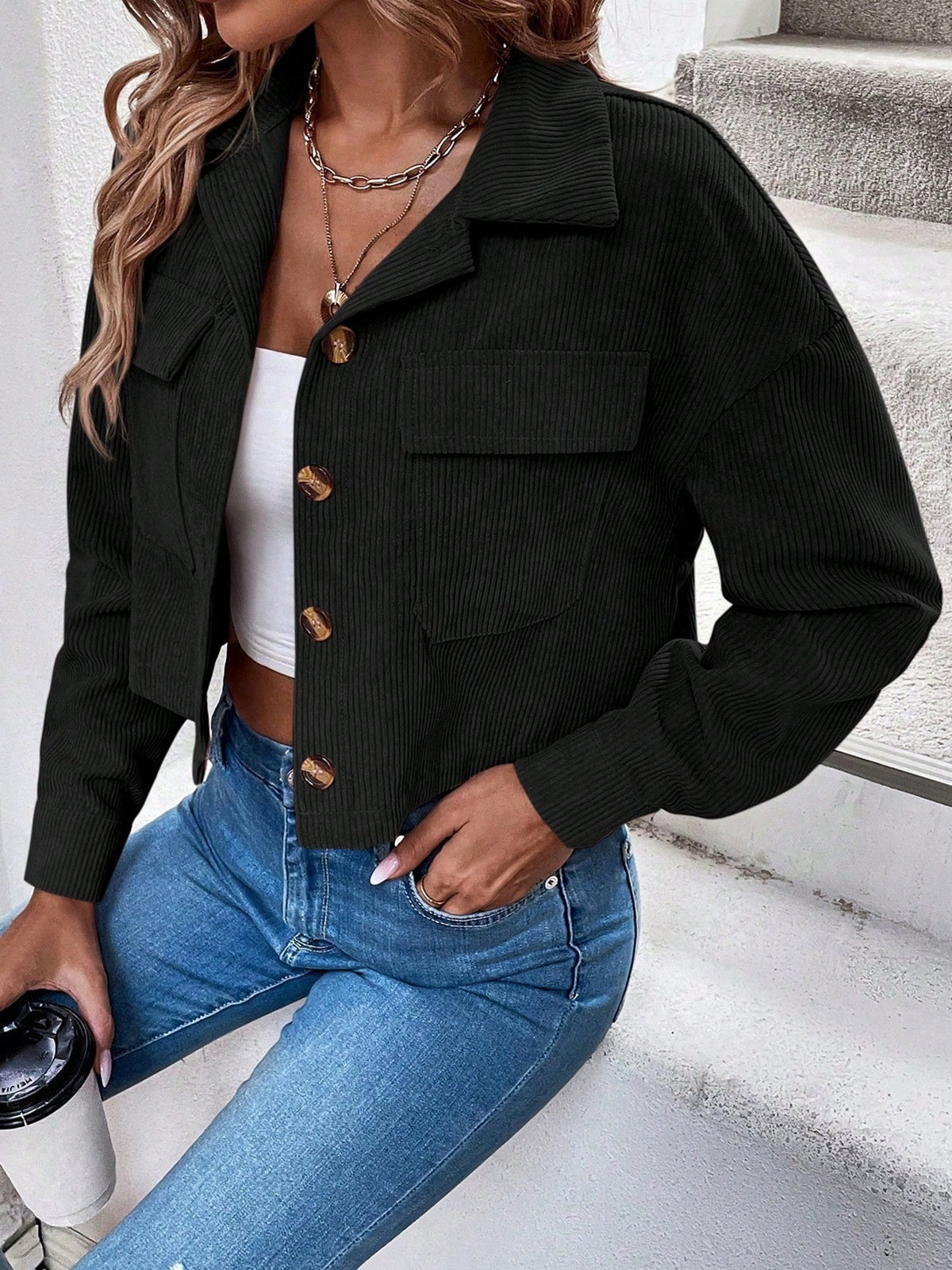 Women Corduroy Cropped Shacket Button Up Jacket