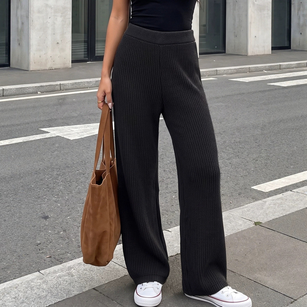 Women's High Waist Ribbed Knit Wide Leg Pants