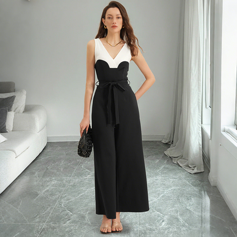 Black White Colorblock Sleeveless Wide Leg Jumpsuit