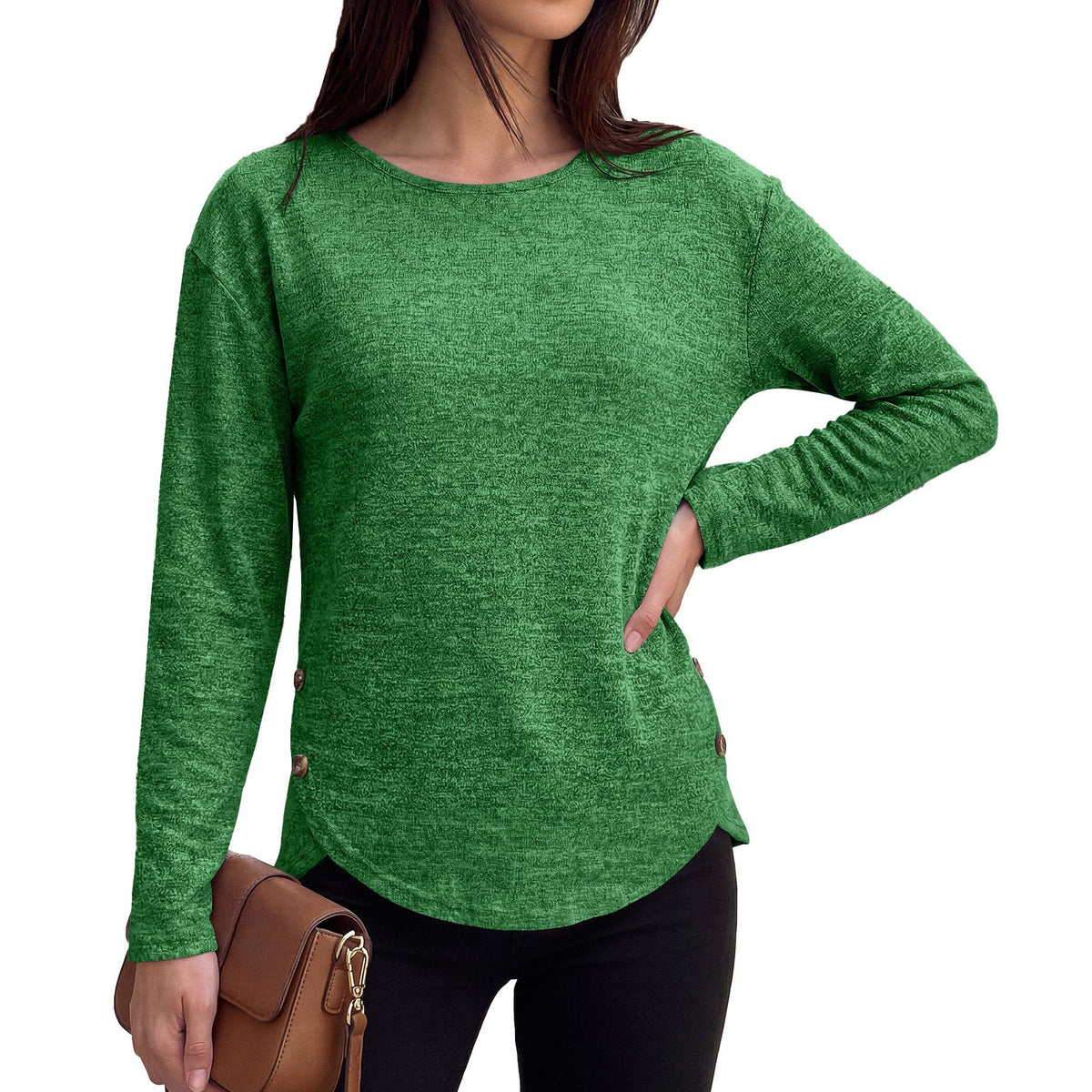 Women's Loose Long Sleeve Side Button Slit Tunic Top