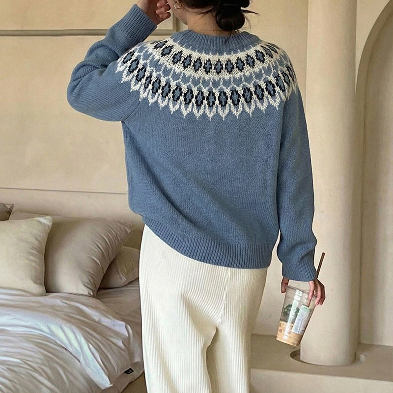 Women's Fair Isle Crew Neck Long Sleeve Knit Sweater