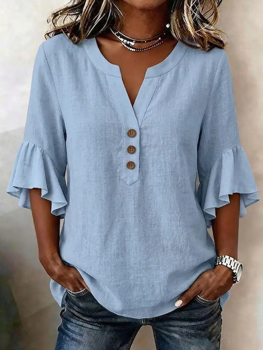 Cotton Linen Blouse Split Neck Three Quarter Bell Sleeves