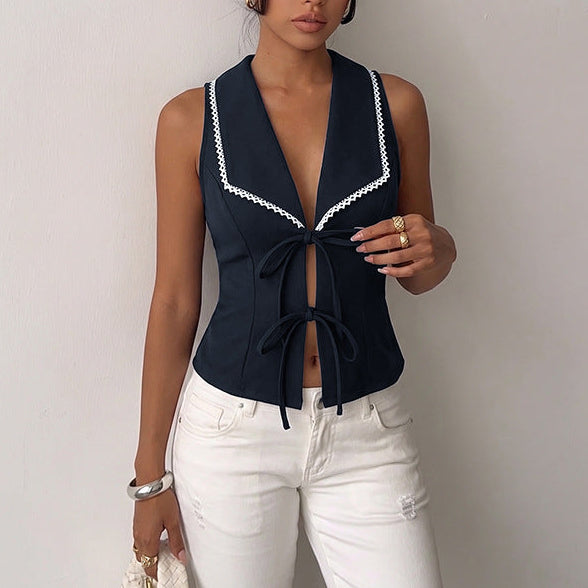 Navy Tie Front Sleeveless Sailor Collar Boutique Top