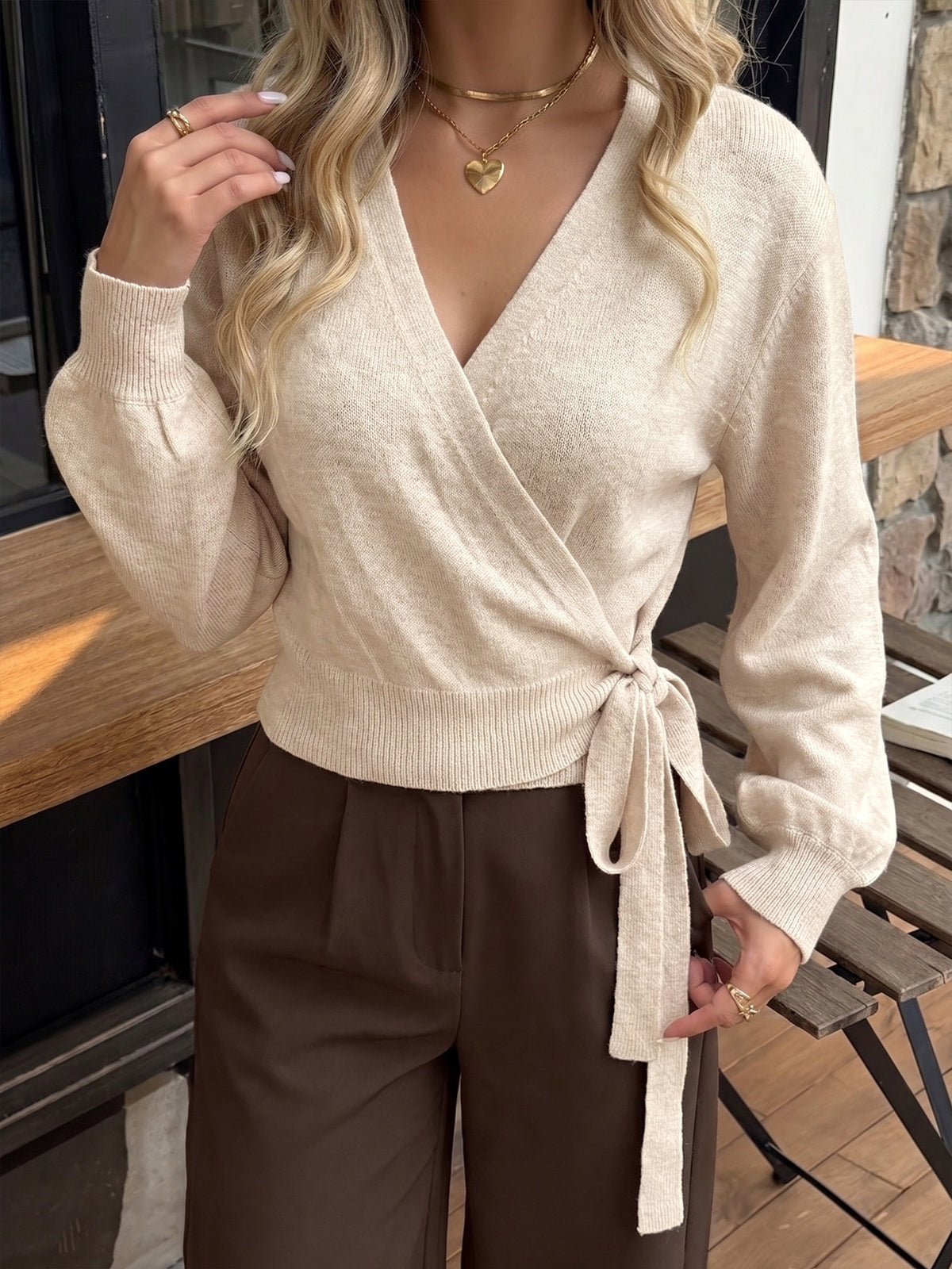 Women's V-Neck Wrap Tie Waist Cropped Long Sleeve Sweater